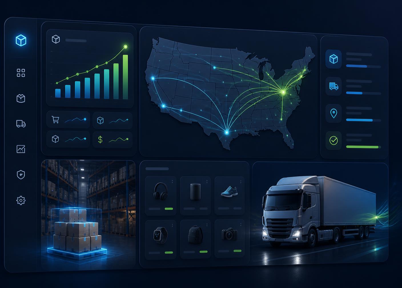 Manora Pick Pvt Ltd warehouse dashboard showing US shipping routes, live order analytics, and same-day fulfillment